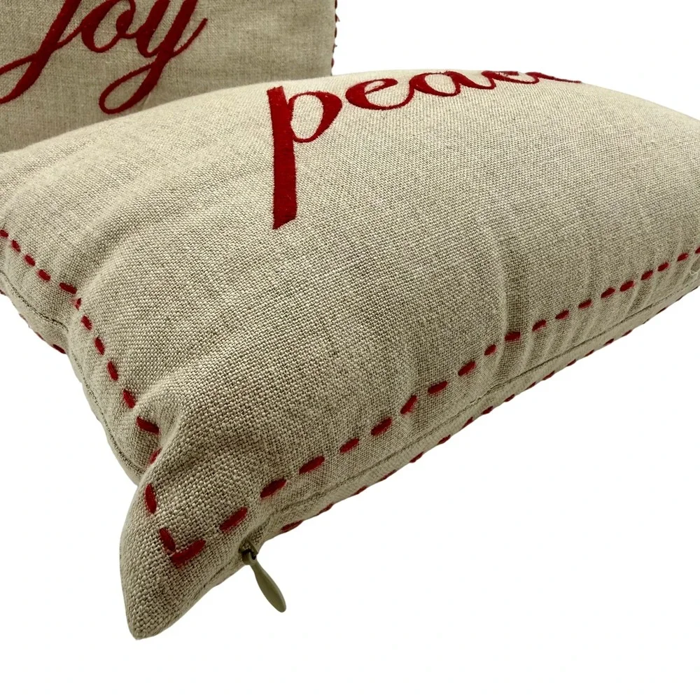 Pottery Barn Joy Peace Linen Christmas Pillows Set Red Embroidered 2009
